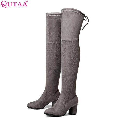 QUTAA 2017 Ladies Autumn/Spring Shoes Square High Heel Women Over The Knee Boots Scrub Black Woman Motorcycle Boots Size 34-43