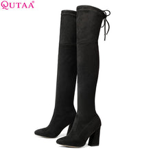 QUTAA 2017 NEW Sucrb Leather  Women Over The Knee Boots  Lace Up Sexy  Hoof  Heels Women Shoes  Soild Winter Warm  Size 34-43