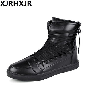 2017 High Tops Men Shoes Male Casual Shoes White Red Black Lace Up Student PU Leather Boots Hook & Loop Board Shoes