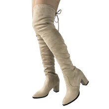 Black Gray Womens Micro Suede Thigh High Boots Block Thick Heel Stretch Over the Knee Boots for Woman Plus Size Wine Nude Beige