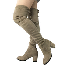 Black Gray Womens Micro Suede Thigh High Boots Block Thick Heel Stretch Over the Knee Boots for Woman Plus Size Wine Nude Beige