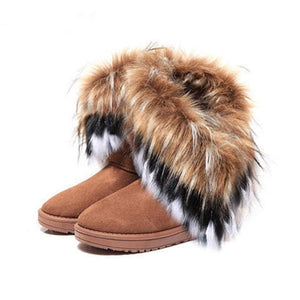 KUYUPP Women Flat Ankle Snow Boots Fur Boots Winter Warm Snow Shoes Round-toe Female Flock Leather Women Shoes DX910