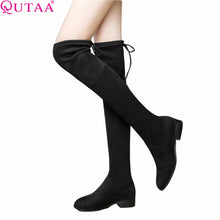 QUTAA 2017 Ladies Shoes Square Low Heel Women Over The Knee Boots Scrub Black Pointed Toe Woman Motorcycle Boots Size 34-43