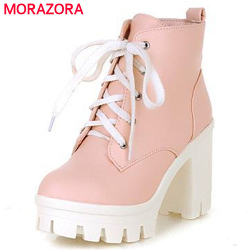 MORAZORA 2017 New Fashion sexy women's ankle boots lace up high heels Punk platform Women autumn winter snow boots ladies shoes