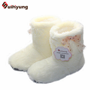 New Women's High-top Shoes Thick Plush Warm Indoor Shoes Non - slip Soft Bottom Indoor Boots Cute Bow Home Floor Shoes