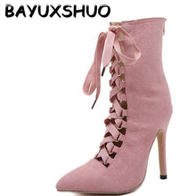 BAYUXSHUO Gladiator High Heels Women Pumps Genova Stiletto Sandal Booties Pointed Toe Strappy Lace Up Pumps Shoes Woman Boots