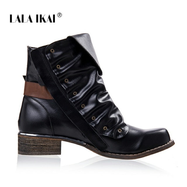LALA IKAI Pleated Chelsea Boots Women PU leather Plus Size Ankle Boots Round Toe Low Heel Autumn Short Boots 014N1364 -3