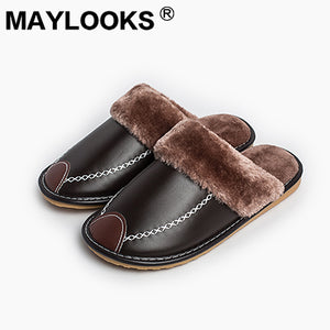 Men's Slippers Winter Pu Leather Thick With Plush Home Indoor Non-slip Thermal Slippers 2018 New Hot Sale Maylooks M-8831
