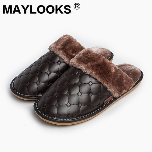 Men's Slippers Winter Pu Leather Thick With Plush Home Indoor Non-slip Thermal Slippers 2018 New Hot Sale Maylooks M-8838