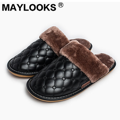 Men's Slippers Winter Pu Leather Thick With Plush Home Indoor Non-slip Thermal Slippers 2018 New Hot Sale Maylooks M-8838
