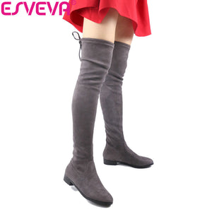ESVEVA 2017 Over The Knee Boots Square Med Heel Women Boots Sexy Ladies Lace Up Stretch Fabric Fashion Boots Black Size 34-43